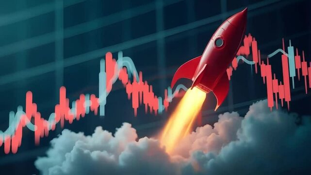 Startup business or stock market boom represented by a rocket taking off