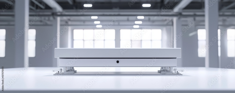 Aufkleber minimalistic white device on a table in a bright modern workspace.