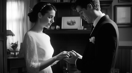 Obraz premium Elegant Couple Exchanging Wedding Rings in Emotional Black and White Portrait