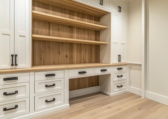 Built-in Home Office Cabinetry with Wooden Shelves and Drawers