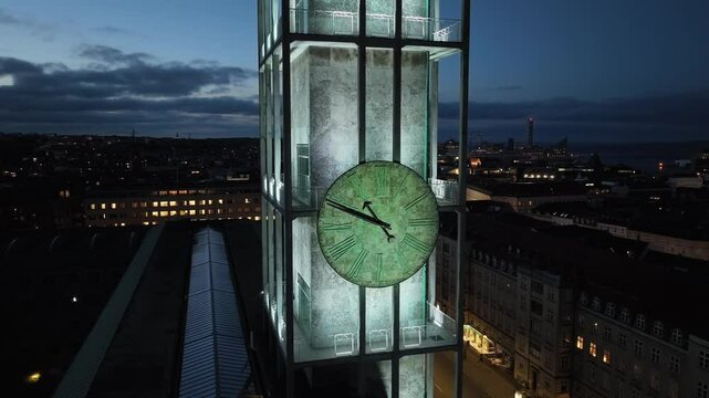 Aarhus, Jutland, Denmark - Aerial Drone View of Sankt Lukas Kirke CHurch in the Night at City Center.