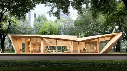 Obraz premium Modern architectural design with unique angles and warm wood finishes in a lush green park setting