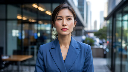 Portrtait of a confident Asian Businesswoman in a Blue Suit – Leadership, Ambition, and Professionalism,  businesswoman, female executive, corporate leader

