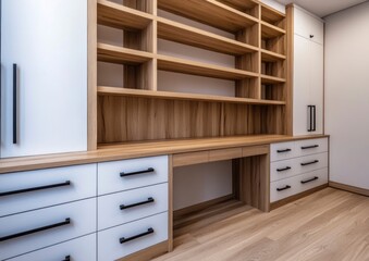 Built in Home Office Desk with Shelves and White Cabinets