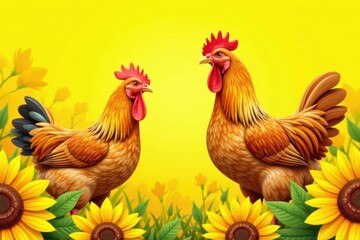 Vector chickens isolated against bright yellow sunflowers, silhouettes, chickens