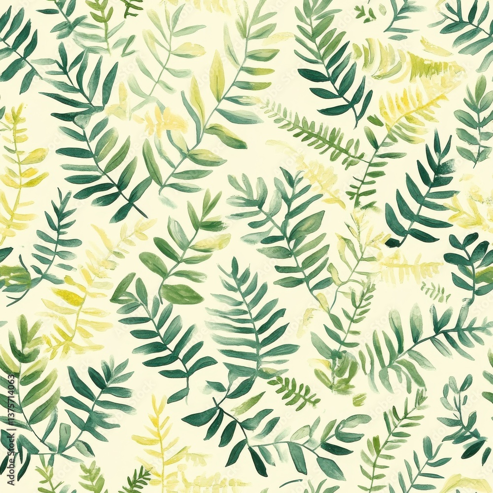Poster watercolor pattern of ferns and branches in green and yellow hues on cream background