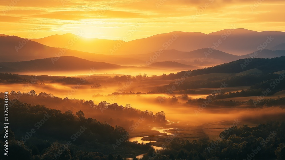 Poster a golden hour mountain range with a river of glowing mist flowing through