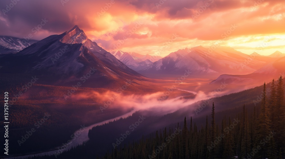 Poster a golden hour mountain range with a river of glowing mist flowing through