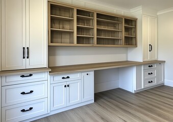 Fototapeta premium Built in Office Cabinets and Desk Combination in Bright Contemporary Style