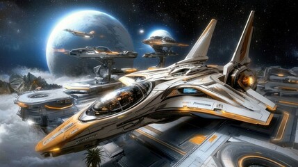 Advanced Spacecraft Docked at Futuristic Space Station Among Stars and Planets