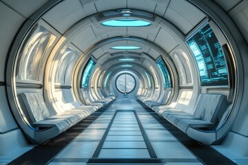 Obraz premium Futuristic interior of a sleek space vessel corridor with illuminated displays and seating