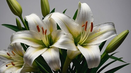 Fototapeta premium Stunning white lilies in full bloom with lush green leaves, exuding elegance and tranquility.