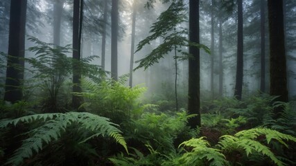 Obraz premium Walking Through a Foggy Forest with Ferns and Tall Trees