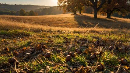 Acorns scattered on grassy field during sunny autumn day