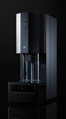 Fototapeta premium Sleek black water purification machine with elegant design against black backdrop.