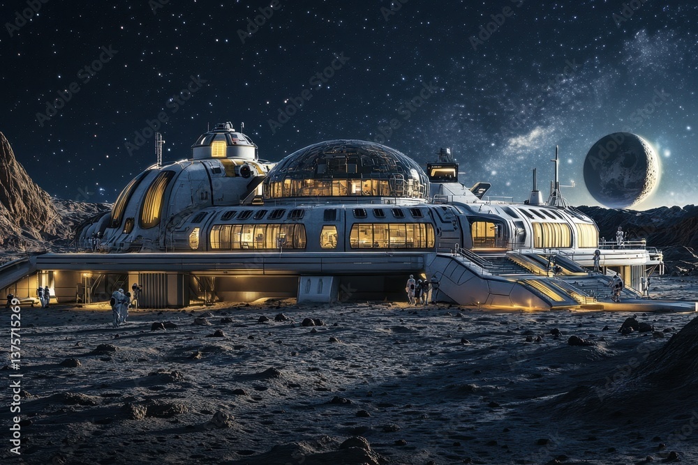 Poster exploration base on a lunar surface under a starry sky with distant planet view
