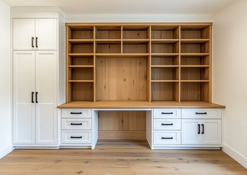 Custom Home Office Cabinetry with Shelves and Wood Accents