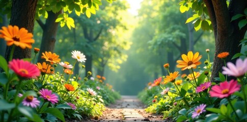 Obraz premium Whimsical garden scene with oversized flowers and greenery, botanical, greenery, whimsical