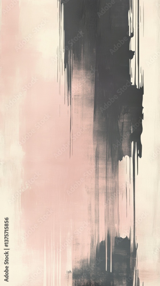 Poster Abstract Painting with Muted Pink and Charcoal Gray Vertical Brush Strokes on Canvas Texture