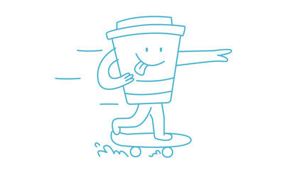 Vector hand graphics of takeaway cup of coffee riding a skateboard for design, branding, posters, illustration, banners, prints. Character, Emblem, Mascot