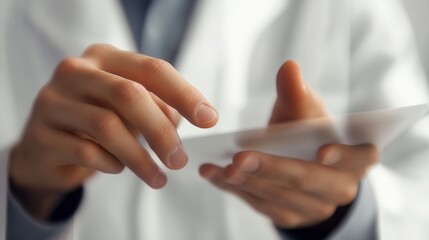 Fototapeta premium A close-up of hands interacting with a tablet, suggesting a modern medical or technological context, emphasizing healthcare innovation and digital solutions.
