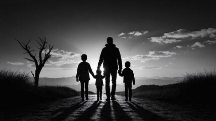 Silhouette of a father holding hands with three children against a dramatic sunset backdrop.