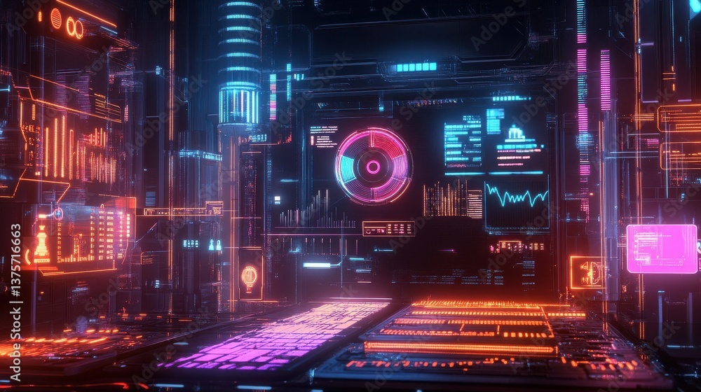 Aufkleber futuristic investment data analytics hub displays neon insights for market predictions and complex f
