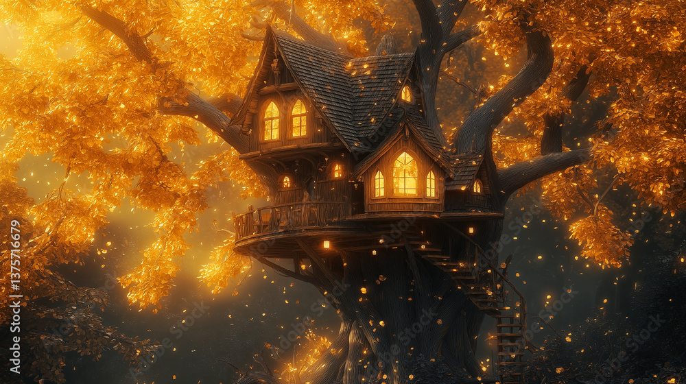 Aufkleber a magical treehouse built on a massive tree with golden leaves