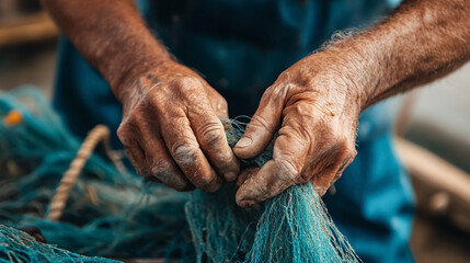 Man's hands in working process at commercial fishing. 