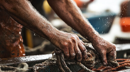 Man's hands in working process at commercial fishing. 