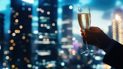 Plakat Celebrating success on a city rooftop with champagne and skyline views