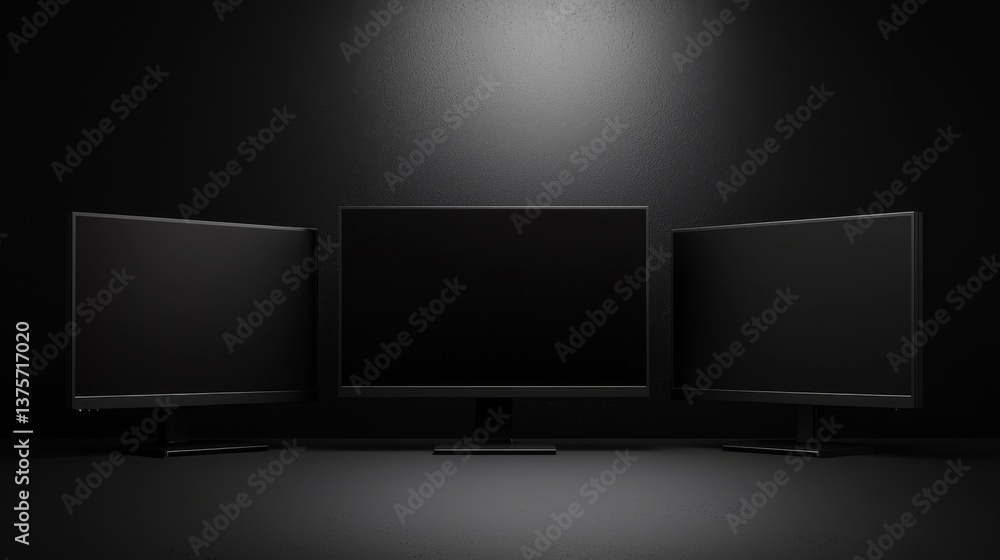 Poster Three modern computer monitors with sleek design in a dark environment.