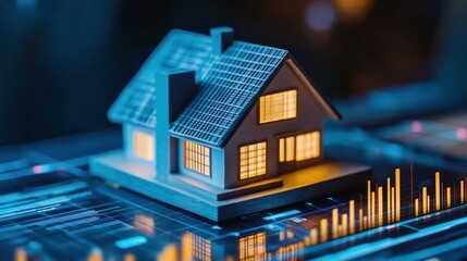 Miniature house model on digital graph display suggesting real estate investment and financial analysis in modern technology
