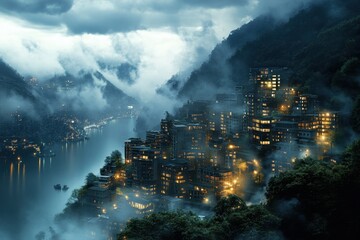 Misty mountain village illuminated by warm lights beside a serene river at night
