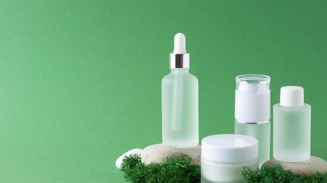 Cosmetic skin care products with stones and moss on green background. Close up, copy space