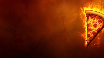 Fiery pizza slice on a textured orange background. Pepperoni pizza ablaze with flames, ready to eat