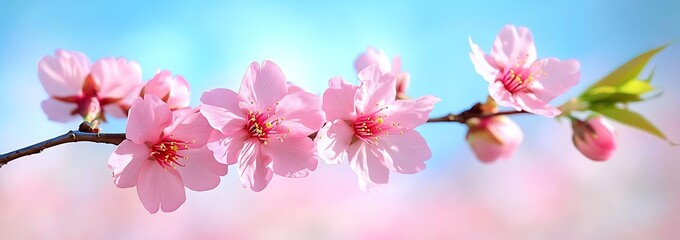 Naklejka premium Almond Blossom Branch with Delicate Pink Flowers in Springtime Sunshine