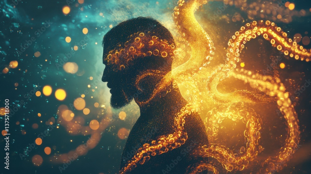 Poster silhouette of a bearded man glowing with cosmic energy and surrounded by abstract golden tentacles o