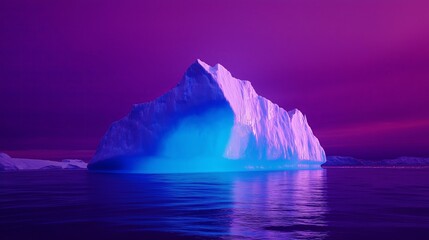 A massive iceberg glowing blue beneath a purple sky.