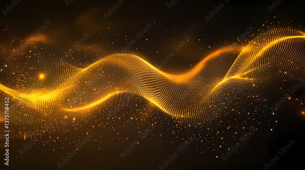 Poster golden wave flowing elegantly on a dark background in a virtual abstract technology inspired design