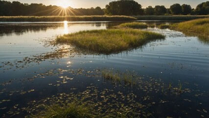 Fototapeta premium Sunrise Over Quiet Lake with Grass Islands and Reflecting Light