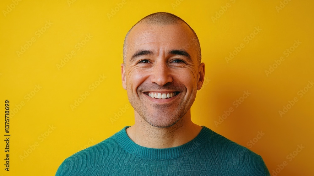 Poster smiling middle-aged man with buzzcut against bright yellow background in studio portrait style