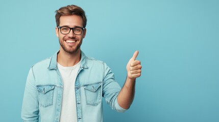 Fototapeta premium Joyful Young Man in Glasses Giving Thumbs Up on Blue Background - Studio Portrait of Positivity and Confidence