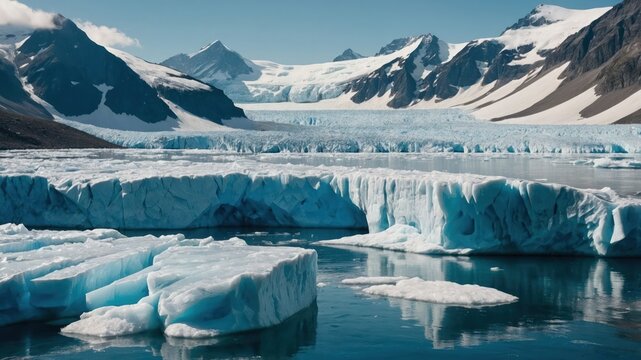 Floating Icebergs and Distant Snowy Mountains Landscape in Calm Water