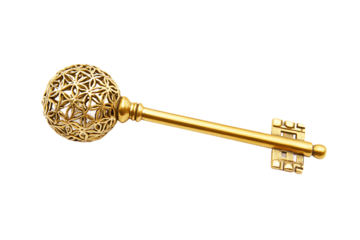 A golden key with an ornate spherical head and a detailed bit on a black background studio shot