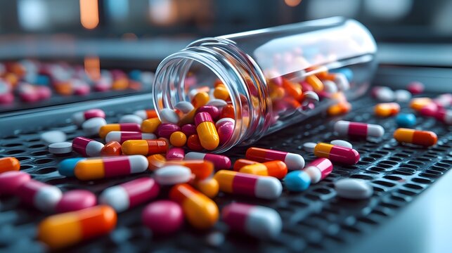 Assortment of colorful medical pills and capsules spilling from a clear bottle onto a surface
