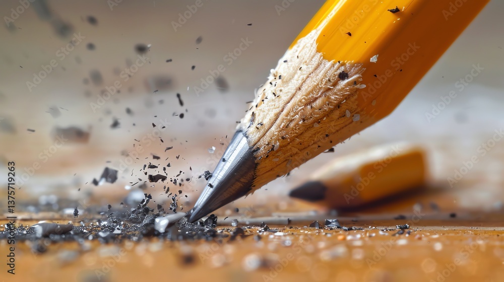 Poster a close-up image of a pencil tip breaking. the pencil is yellow and the tip is made of graphite.