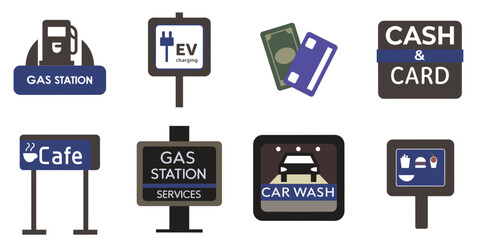 Vector scene set for gas station, featuring signs for fuel, EV charging, car wash, and payment methods
