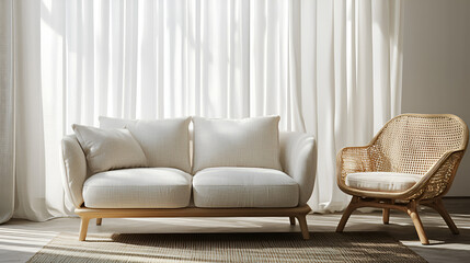 Bright living room featuring a light sofa, woven chair, and airy curtains creating a cozy and inviting atmosphere.