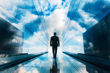 Businessman walking on futuristic glass pathway between buildings toward bright sky, symbolizing progress, ambition, and success.